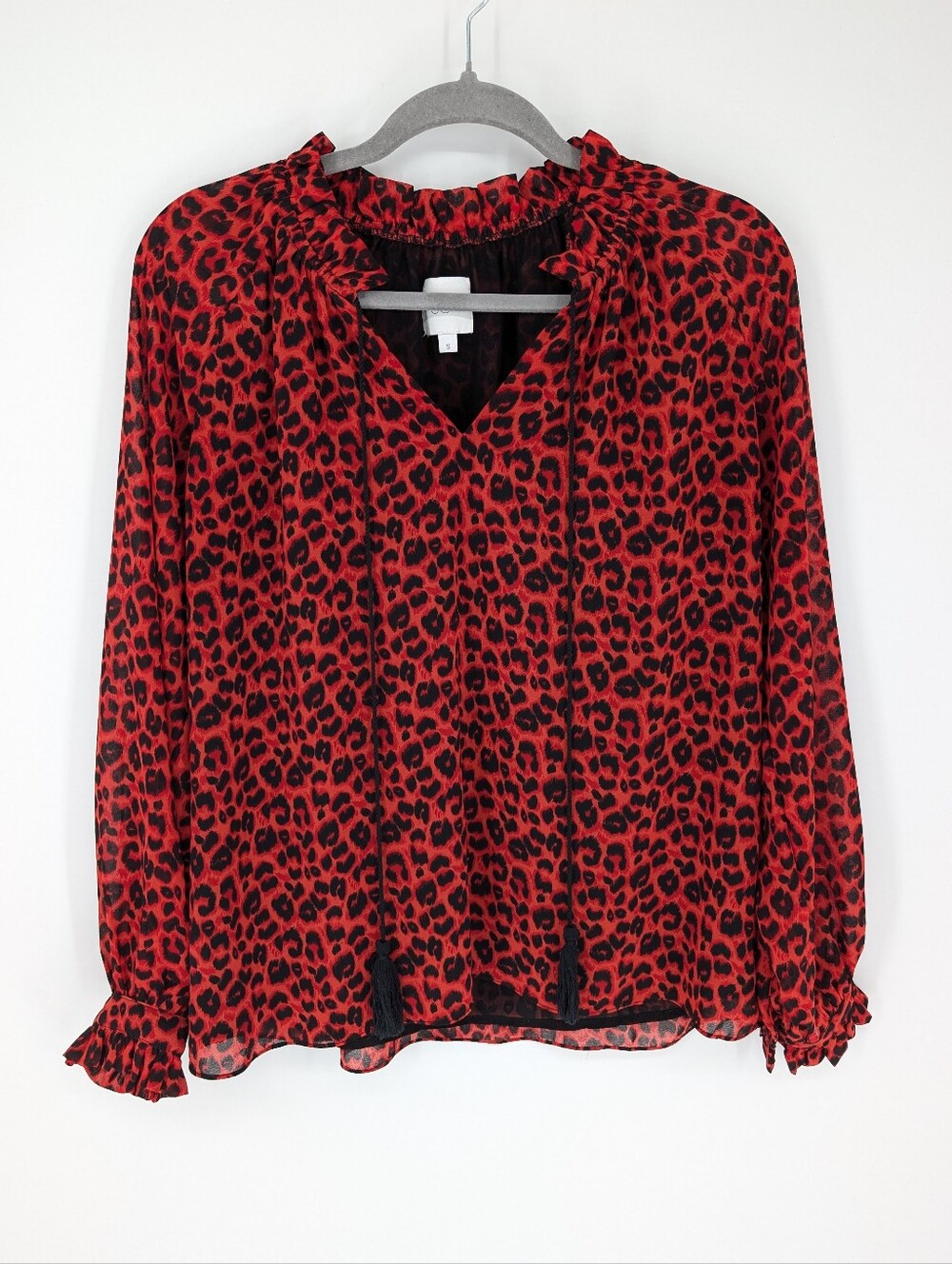 Sen Leopard Print V-Neck Long Sleeve Top Peasant Blouse Red Black Size Small